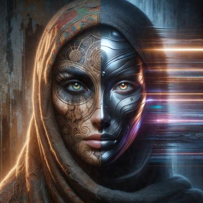 The primary subject of the image is a woman wearing a mask. The mask is silver and black, and the woman is wearing a long, flowing garment. The setting is a dark room, and the visual style is digital art. The dominant colors are black and silver, creating a mysterious and intriguing atmosphere.